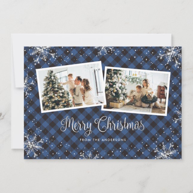 Carte de Noël photo Silver Plaid Bleu (Devant)