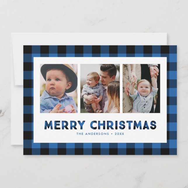 Carte de Noël photo triptyque Blue Buffalo Plaid (Devant)