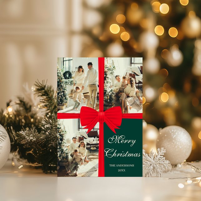 Carte de Noël photo vert foncé avec nœud rouge (Créateur téléchargé)