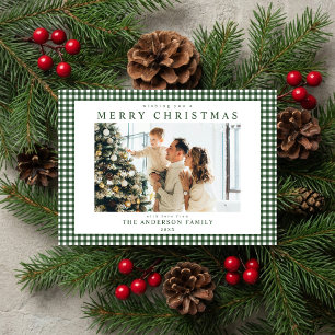 Carte de Noël photo vert forêt à carreaux