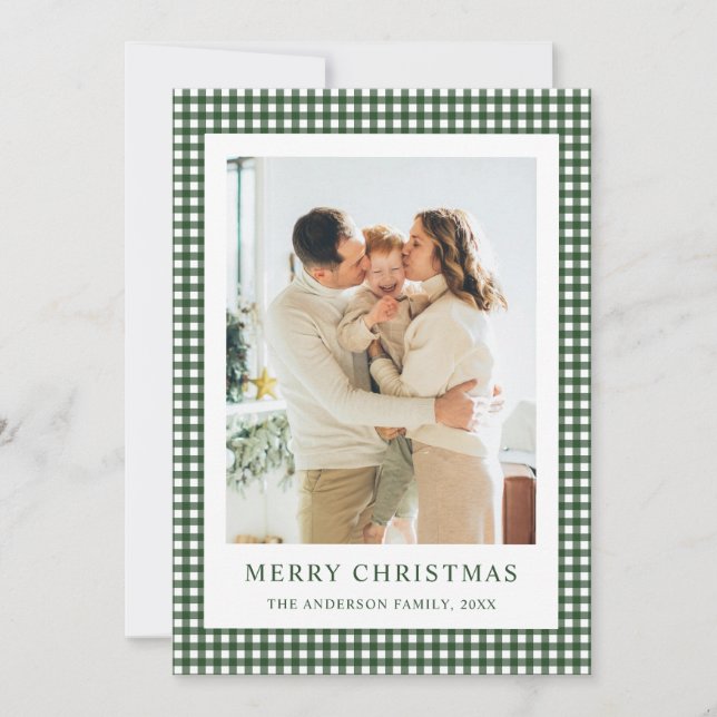 Carte de Noël photo vert forêt Gingham (Devant)