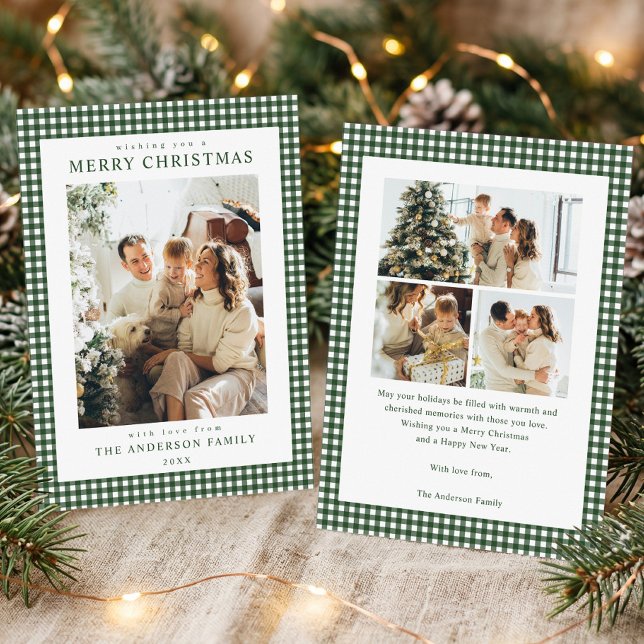 Carte de Noël photo vert forêt Gingham (Créateur téléchargé)