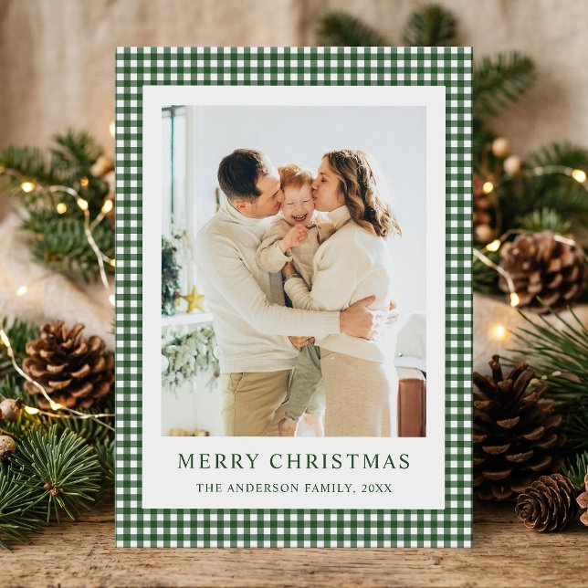 Carte de Noël photo vert forêt Gingham (Créateur téléchargé)