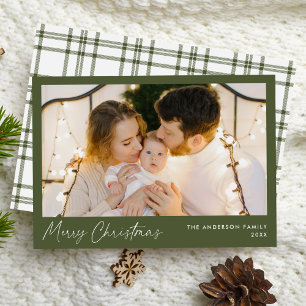 Carte de Noël photo vert olive écriture moderne