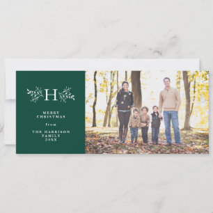 Carte de Noël photo verte avec monogramme rustique