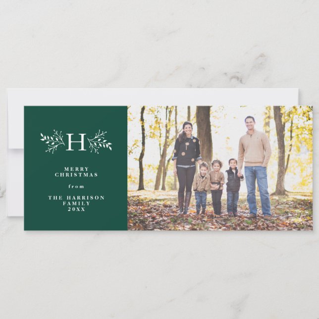 Carte de Noël photo verte avec monogramme rustique (Devant)