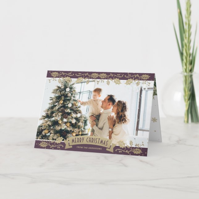 Carte de Noël photographique botanique or violet (Devant)