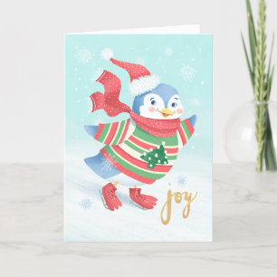 Carte de Noël Pingouin de patinage sur glace bleu