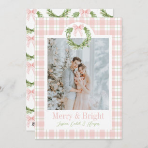 Carte de Noël Pink Plaid Wreath Preppy Wreath Bow