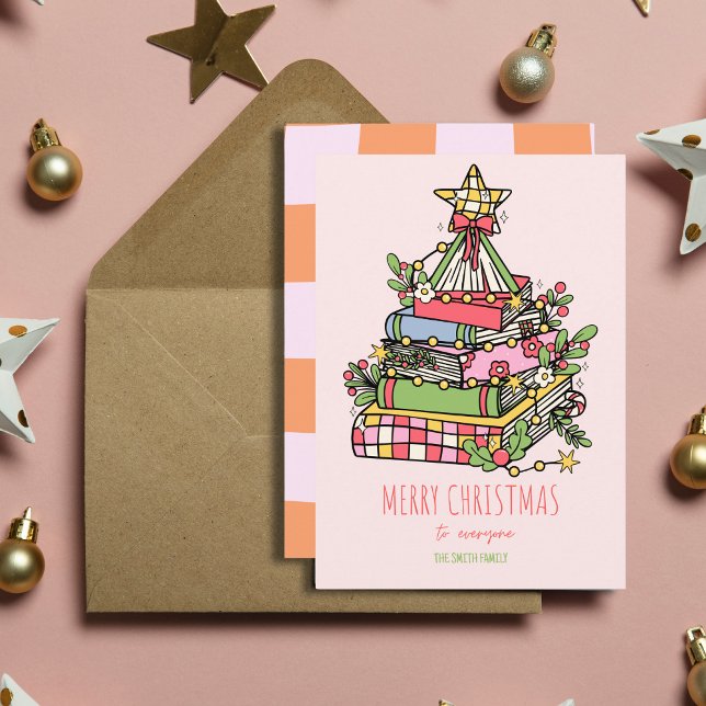 Carte de Noël Pink Whimsical Book Tree (Créateur téléchargé)