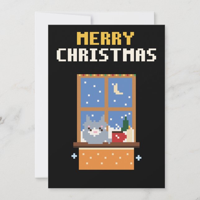 Carte de Noël Pixel Art de Fenêtre de Chat (Devant)