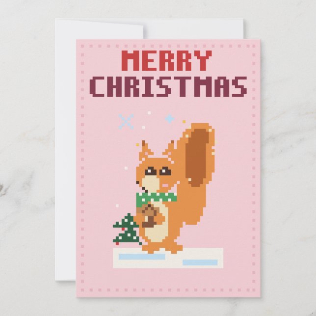Carte de Noël Pixel Art Écureuil Rose (Devant)