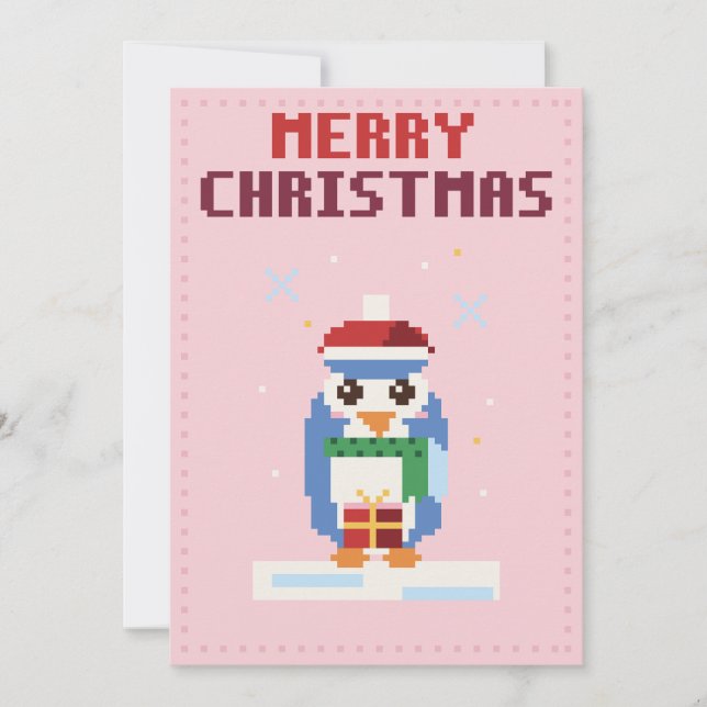 Carte de Noël Pixel Art Pingouin Rose (Devant)