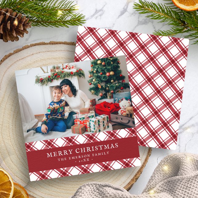 Carte de Noël plate à motif écossais rouge Joyeux  (Red Plaid Merry Christmas Flat Holiday Card
)