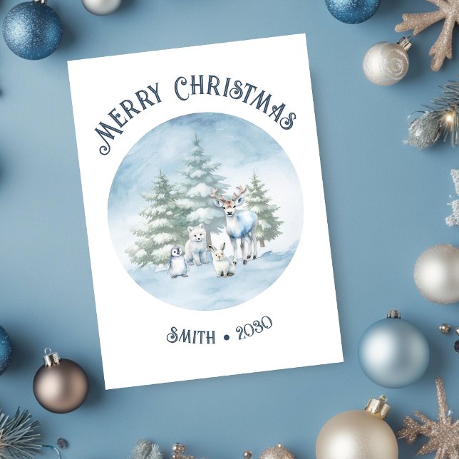 Carte de Noël plate à thème d'animaux de forêt bla (Woodland creature holiday card with white background)