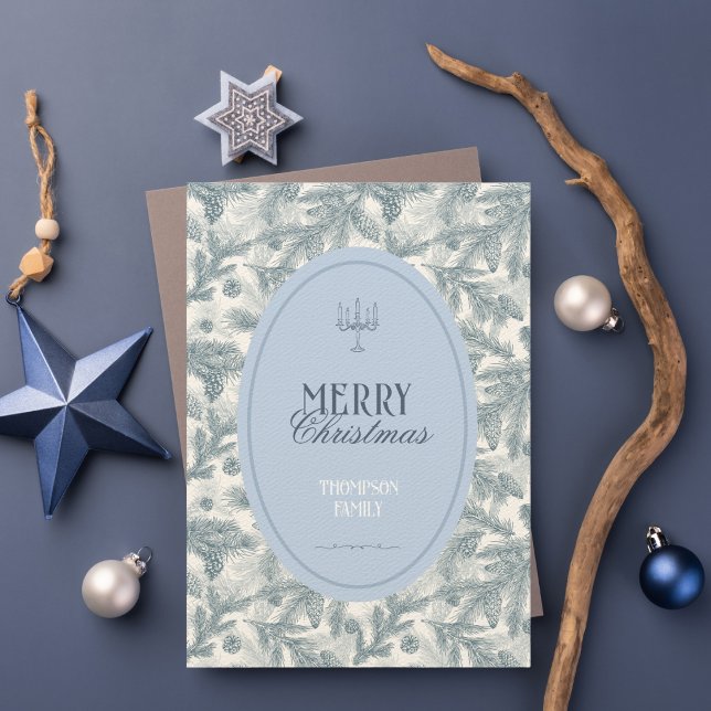 Carte de Noël plate aux branches de pin bleu vinta (Créateur téléchargé)