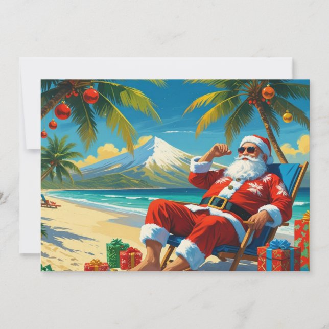 Carte de Noël plate de plage tropicale du Père Noë (Devant)