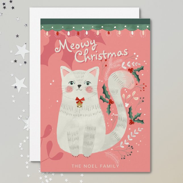 Carte de Noël plate illustrée avec un chat blanc (Créateur téléchargé)