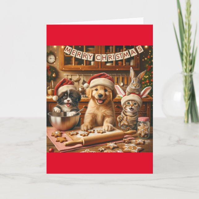 Carte de Noël pliée avec chien, chat, lapin #4 (Devant)