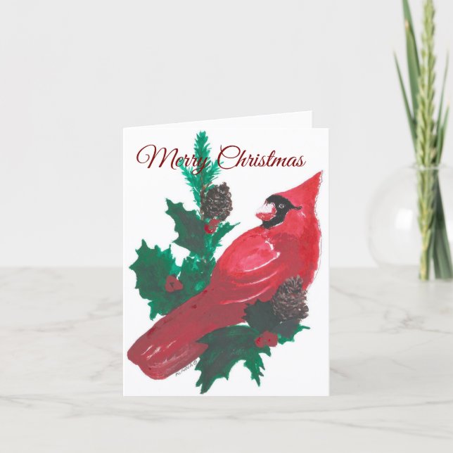 Carte de Noël pliée avec un Cardinal et du Houx (Devant)