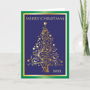 Carte de Noël pliée bleu clair, or et verte
