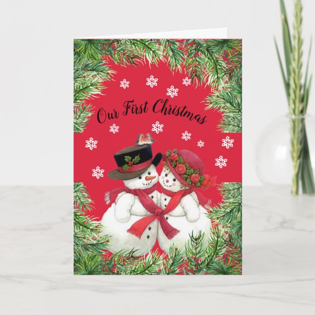 Carte de Noël pliée Couple de neige, notre premier (Devant)