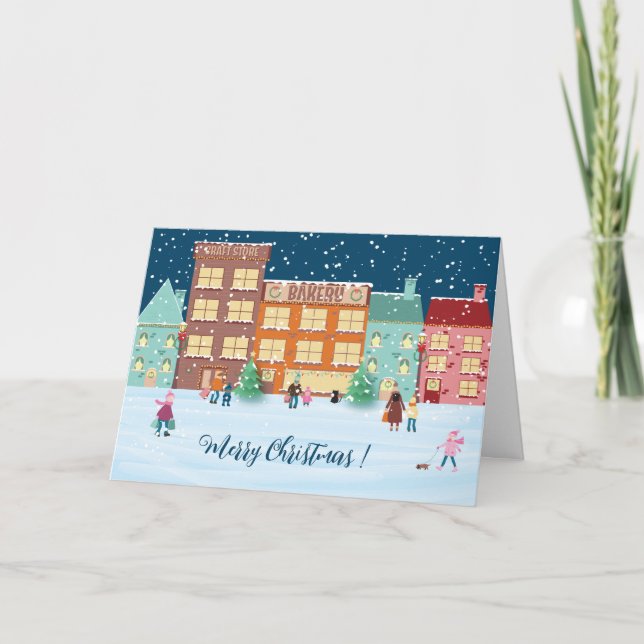 Carte de Noël pliée de la veille de Noël en ville (Devant)