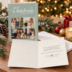 Carte de Noël pliée multiphoto rayée vert sauge
