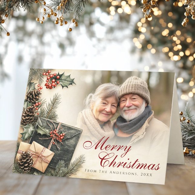 Carte de Noël pliée photo beige baies de houx vint (Vintage Holly Berries Beige Photo Christmas Folded Holiday Card)