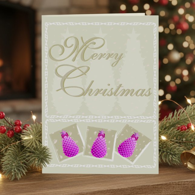 Carte de Noël pliée photo cône de pin rose (Pink pine cones with bows for a little something different. Change the message inside.)