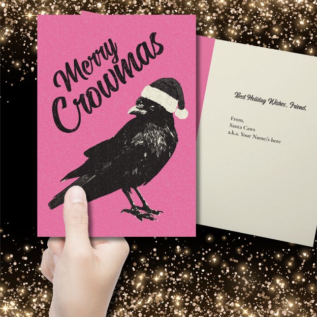 Carte de Noël pliée rose et noire (Gothic Christmas vibes make your holiday greeting card stand out with this black and pink crow card.)