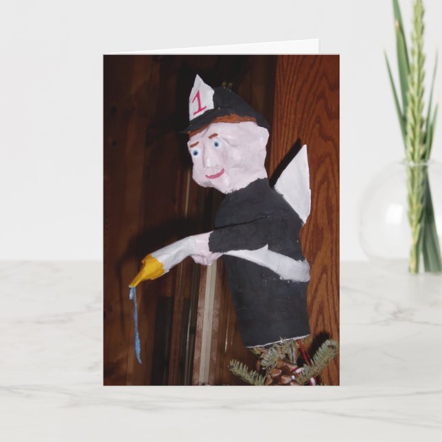 Carte de Noël "Pompier au sommet de l'arbre" (Devant)