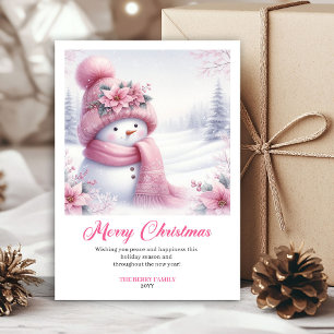 Carte de Noël pour enfants bonhomme de neige rose