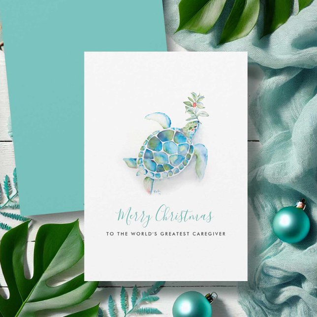 Carte de Noël pour soignant avec tortue de mer à l (Beach Christmas cards watercolor sea turtle art by Victoria Grigaliunas of Do Tell A Belle)