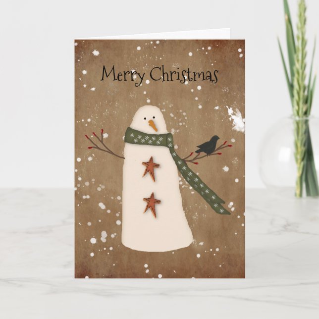 Carte de Noël primitive de bonhomme de neige (Devant)