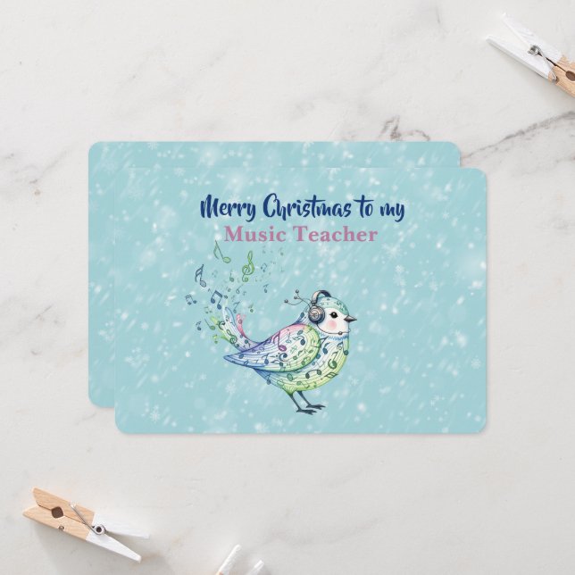 Carte de Noël Professeur de Musique Oiseau Chantan (Devant/Arrière en situation)