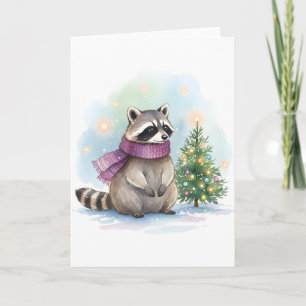 Carte de Noël Raton Laveur Aquarelle Fête Boisée H