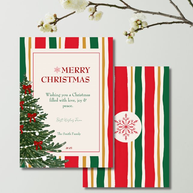 Carte de Noël rayée avec sapin et rubans rouges (christmas card, striped christmas card, red green yellow cream stripes, christmas tree card, festive)