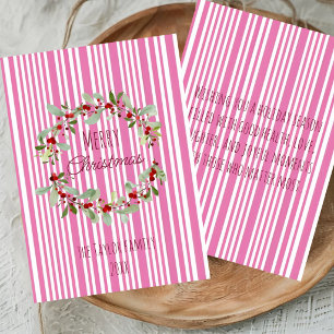 Carte de Noël rayée rose Joyeux Noël Floral