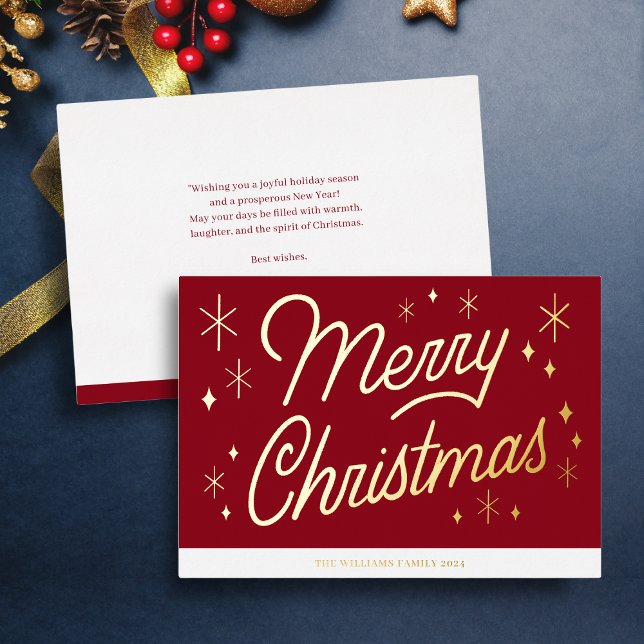 Carte de Noël Red Script Gold Foil (Merry Christmas Script Lettering in Gold Foil, red background, custom message. Holiday Card.)