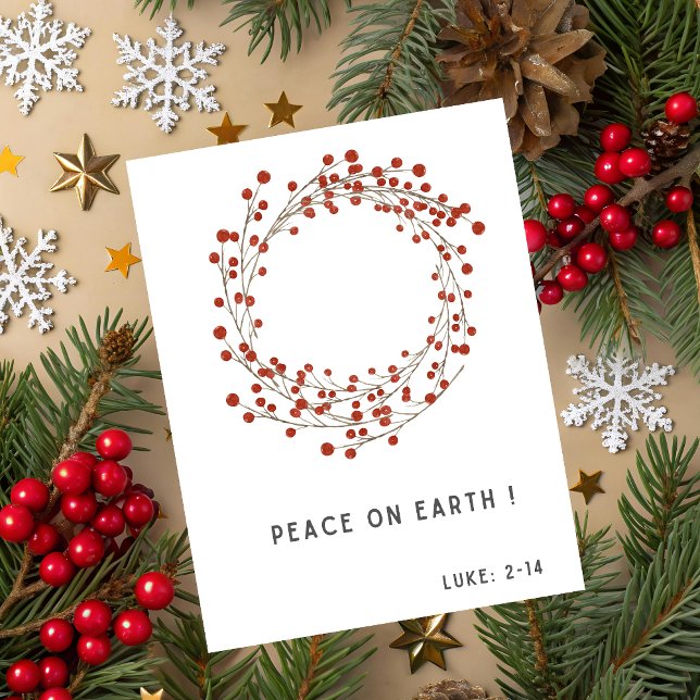 Carte de Noël religieuse avec verset biblique (Christmas greeting card with red berry wreath and Luke 2:14  Bible verse on white background.)