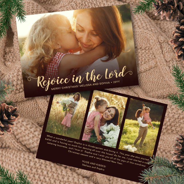 Carte de Noël religieuse marron chaud rustique (Toasty Chestnut Rustic Christmas card with 4 photos)