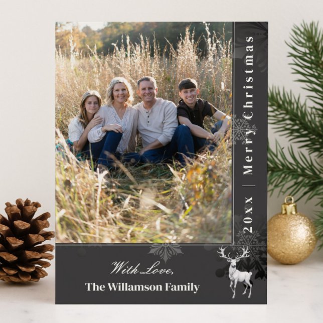 Carte de Noël Renne et Flocons de Neige | Carte Gr (Gray Reindeer and Snowflakes Holiday Photo Card)