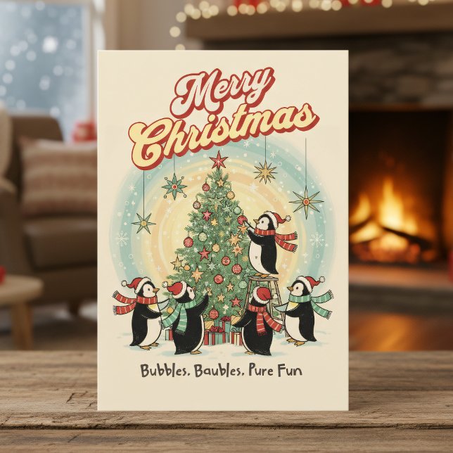 Carte de Noël rétro 1950 avec manchots et arbre (Créateur téléchargé)
