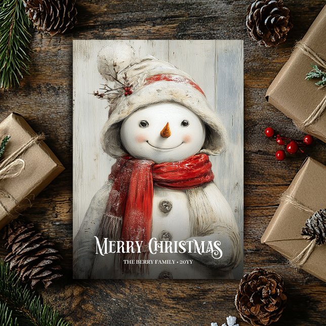 Carte de Noël rétro aquarelle rouge et blanc avec  (Retro watercolor red white Christmas snowman card)