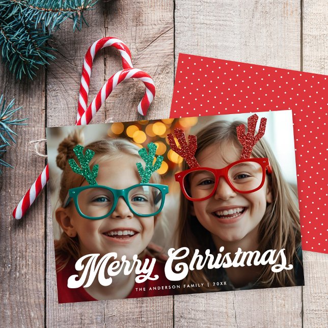 Carte de Noël Rétro Blanc Script Une Photo (Créateur téléchargé)