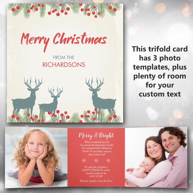 Carte de Noël Retro Deer Holly 3 Photo Triple (Créateur téléchargé)