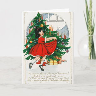 Carte de Noël rétro, enfant et arbre de Noël