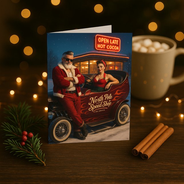 Carte de Noël rétro Hot Rod du Père Noël et de Mme (Créateur téléchargé)