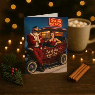 Carte de Noël Retro Hot Rod Père Noël & Mme Claus